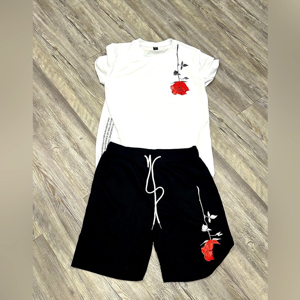 Manfinity Homme Men Floral & Slogan Graphic Tee & Drawstring Waist Shorts Set, S